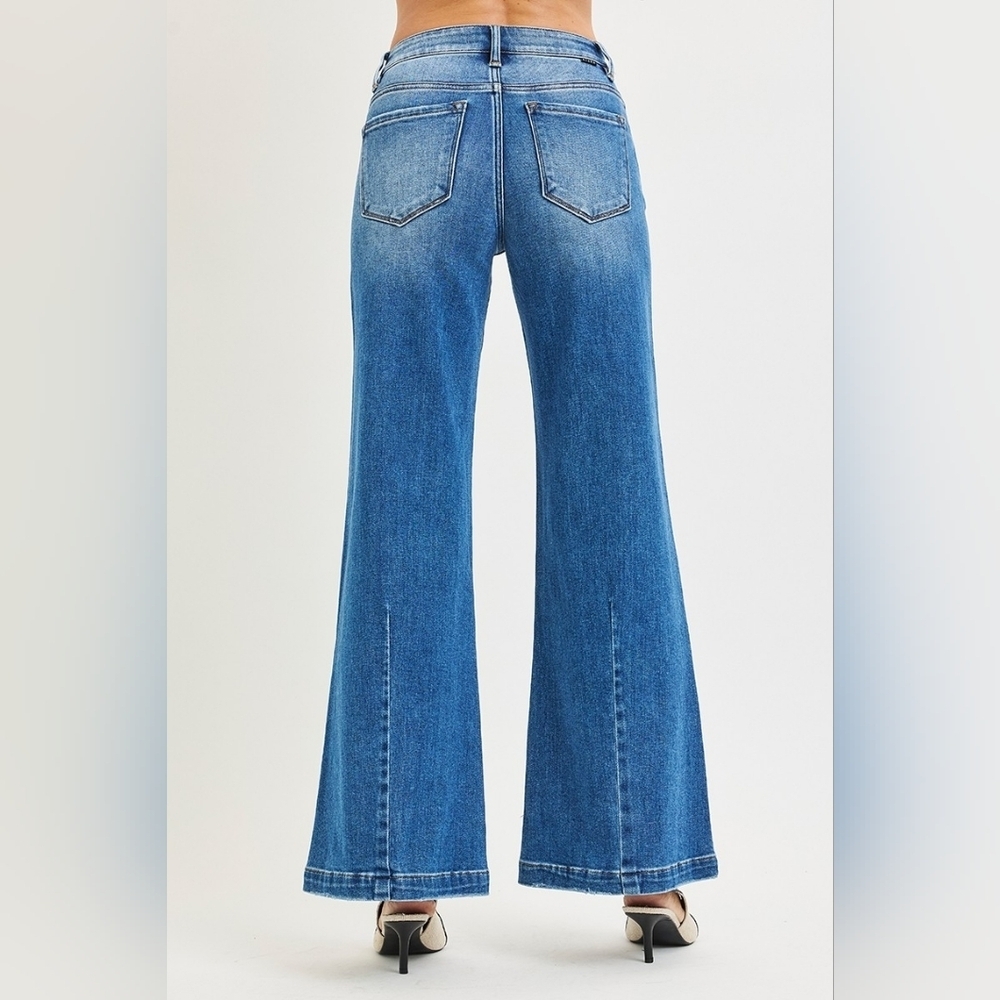 Risen Mid Rise Medium Wash Wide Leg Flared Denim Jeans Hybrid Various NEW - Picture 11 of 14